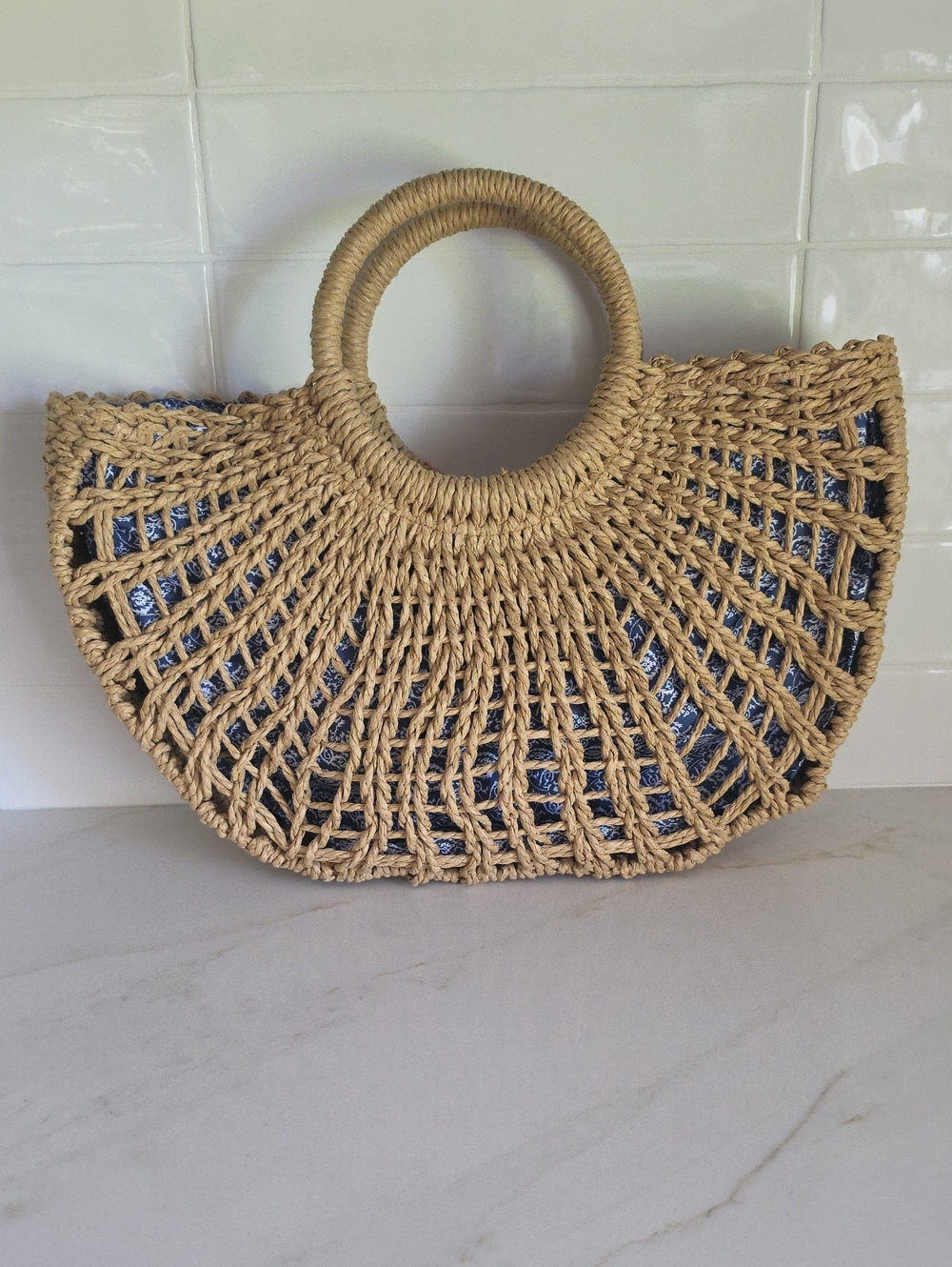 New York & Company Boho Fan-Shaped Woven Straw Tote Beach Handbag
